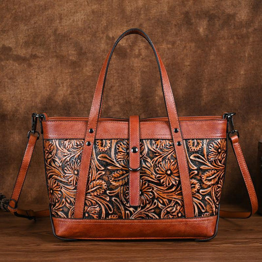 Hand-Tooled Cowhide Carry-All Bag - Honeypot