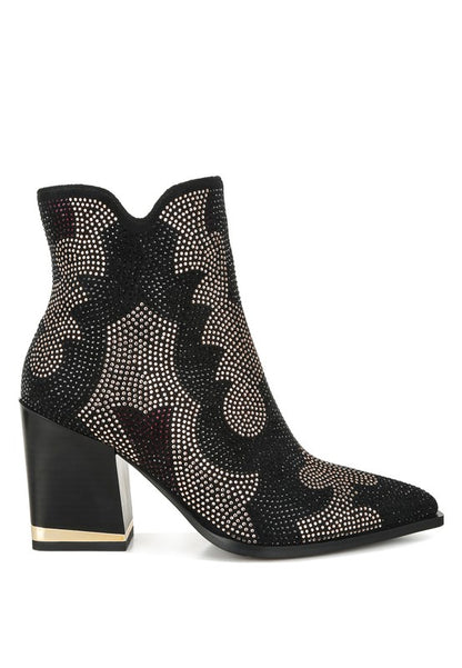 Zarka Rhinestones Embellished Block Heel Boots - Honeypot