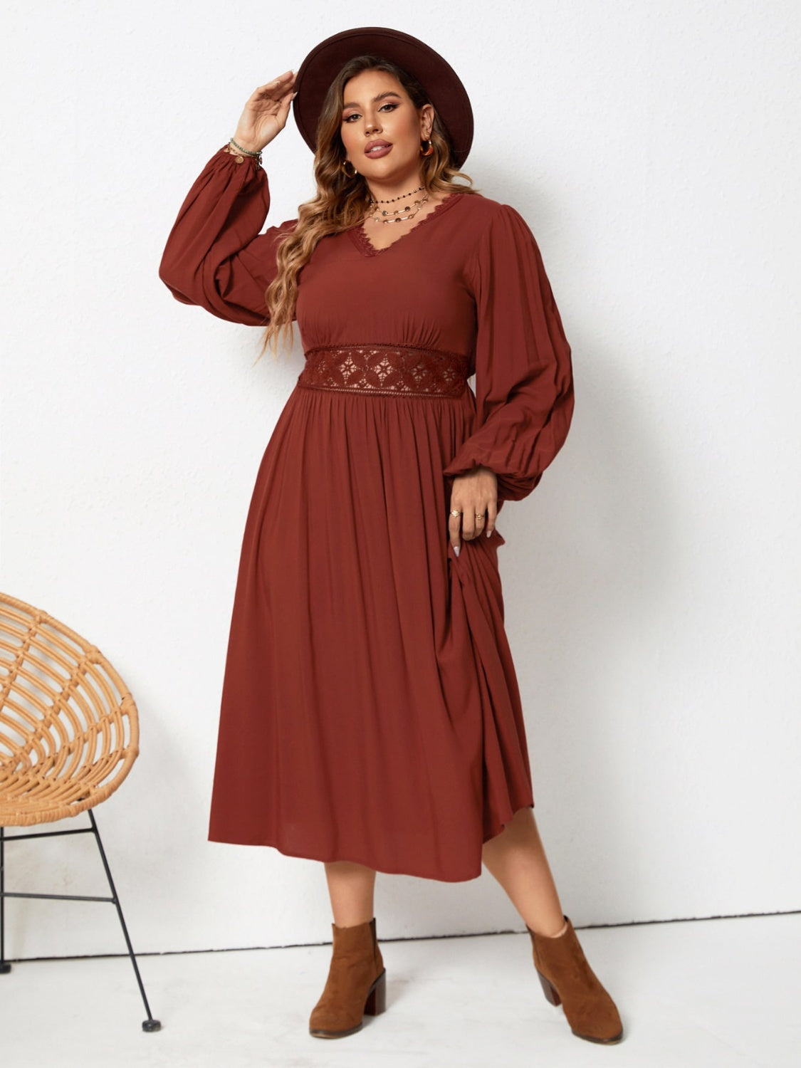 Plus Size Lace Detail V-Neck Balloon Sleeve Dress - Honeypot