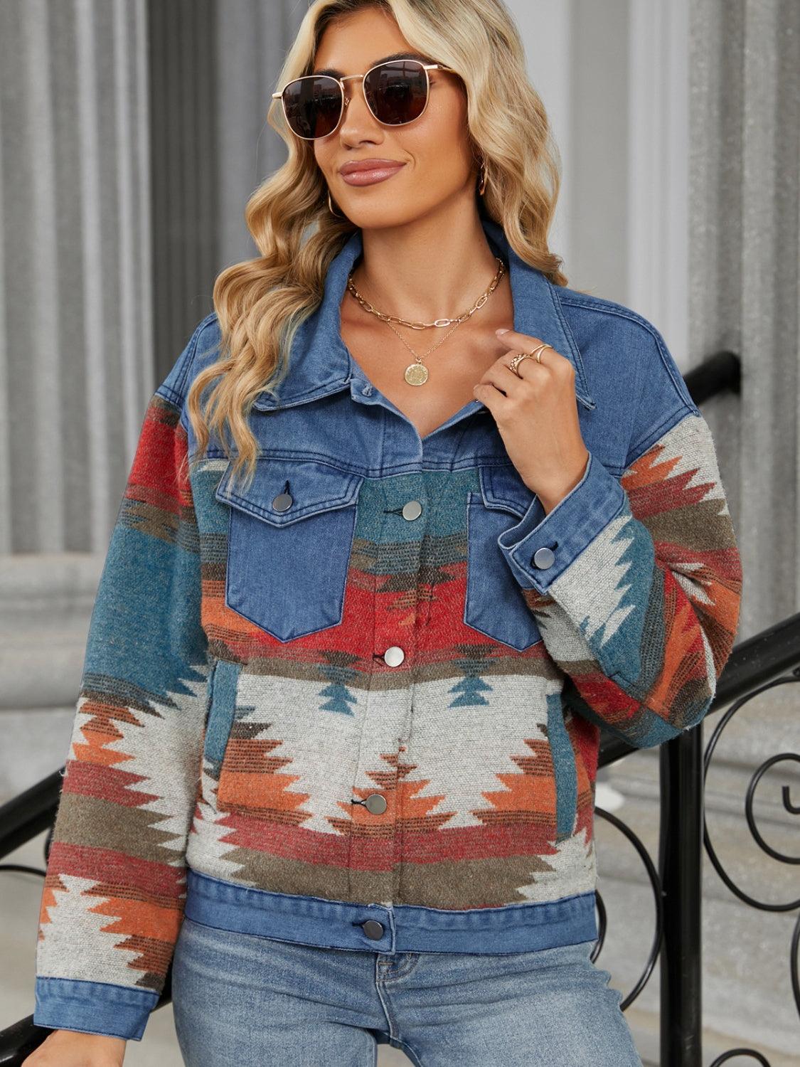 Geometric Button Up Long Sleeve Denim Jacket - Honeypot