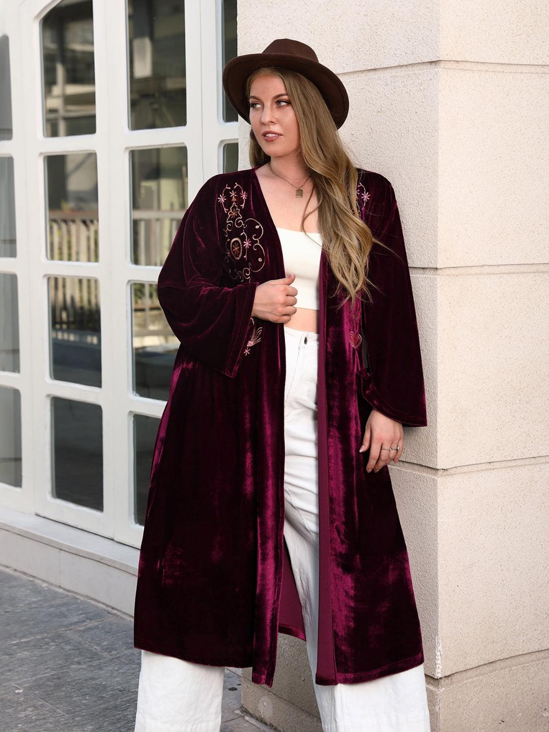 Plus Size Printed Open Front Long Sleeve Cardigan - Honeypot