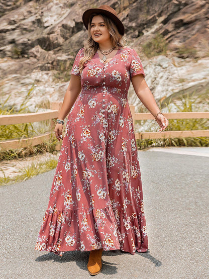 Plus Size Floral Slit Ruffle Hem Dress - Honeypot