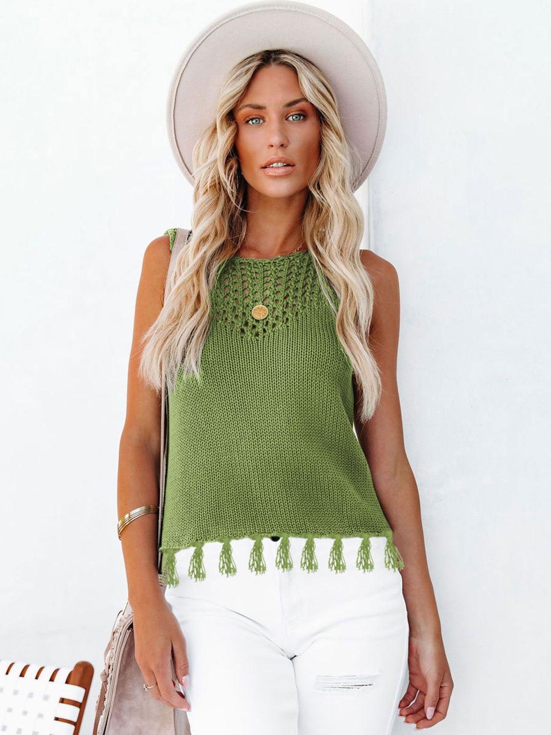 Cutout Tassel Round Neck Tank - Honeypot