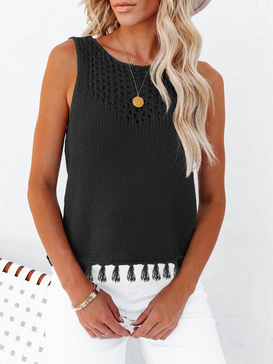 Cutout Tassel Round Neck Tank - Honeypot