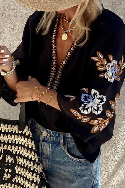 Bohemian Floral Embroidered V-Neck Blouse