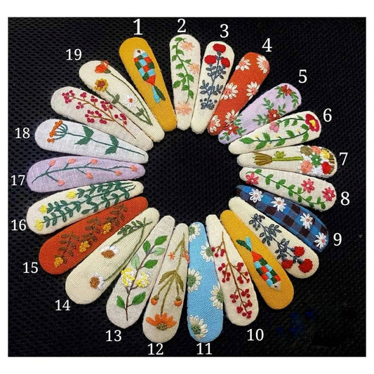 Floral Embroidered Linen Teardrop Hair Barrette, Collection