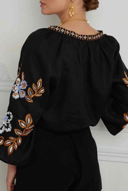 Bohemian Floral Embroidered V-Neck Blouse