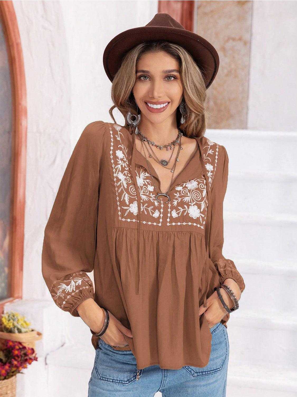 Floral Tie Neck Balloon Sleeve Blouse - Honeypot