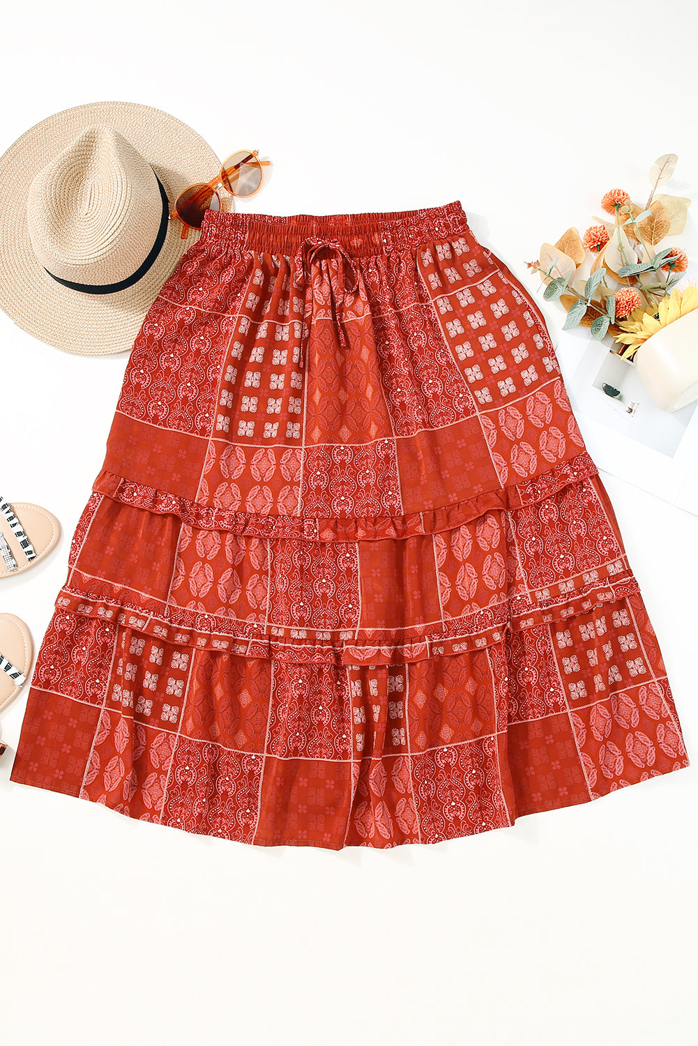 Fiery Red Bohemian Mix Print Long Flared Skirt - Honeypot