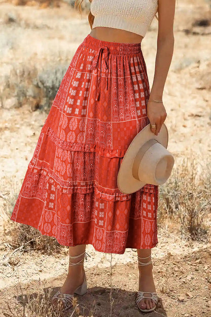 Fiery Red Bohemian Mix Print Long Flared Skirt - Honeypot